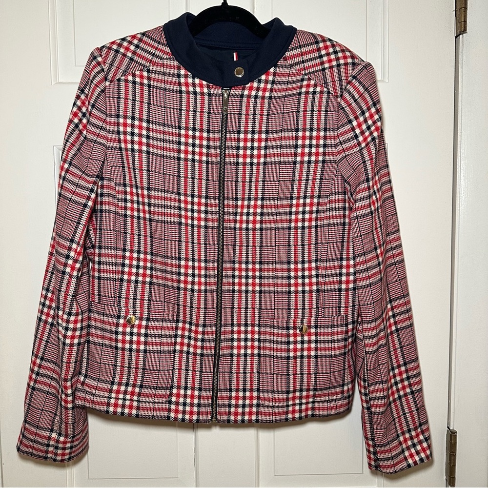Tommy Hilfiger Red, White and Navy Zippered Blazer Size 14